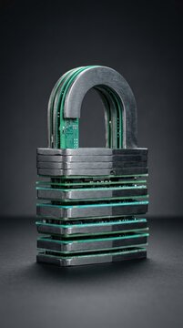 Digital padlock sculpture made of server metal and circuit boards for cybersecurity concept and data protection advertising on dark background with copy space