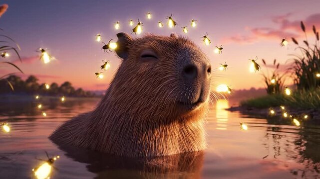 Capybara Relaxing in Warm Sunset Water with Soft Glowing Lights Peaceful Scene