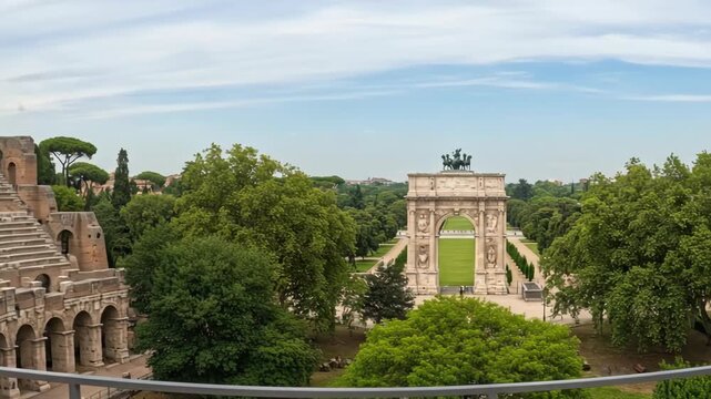Ancient Roman Colosseum and Arch of Constantine in Rome Italy.