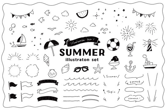 手書きの夏・海のイラストセット　ビーチ　スイカ　花火　フレーム　吹き出し　マリン　波　リボン　ヨット