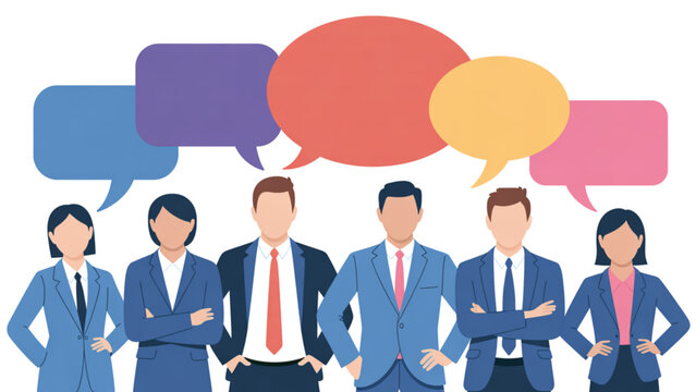 Professional team engaging in collaborative discussion with speech bubbles Vector