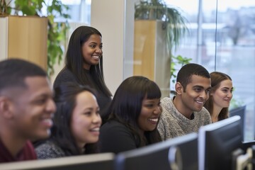 Obraz premium Young professionals working at computers smiling in modern office collaborative workspace environment together