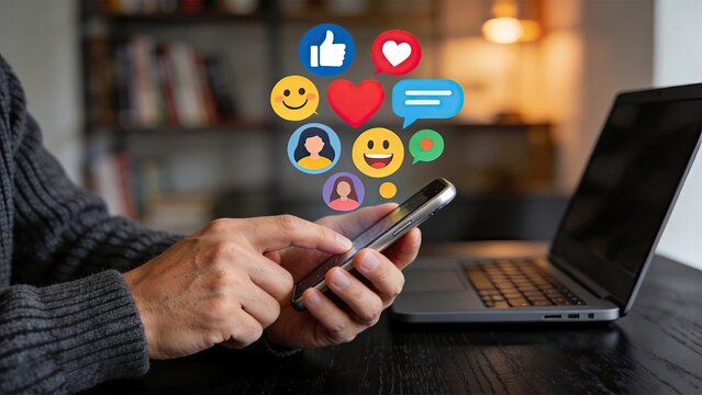 Senior hands using smartphone with floating social media icons digital communication online networking remote work concept home office setting technology interaction virtual