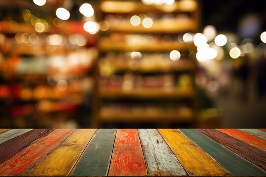 Vibrant Striped Wooden Table with Festive Bokeh Background. Image of wooden table in front and abstract blurred bright cinco de mayo background
