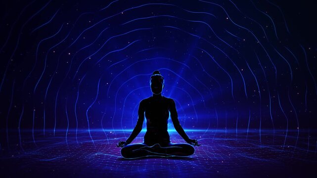 Woman meditating radiant energy aura cosmic light beams in deep space for spiritual growth, chakra healing, yoga sessions, mindfulness content, and relaxation visuals with futuristic atmosphere