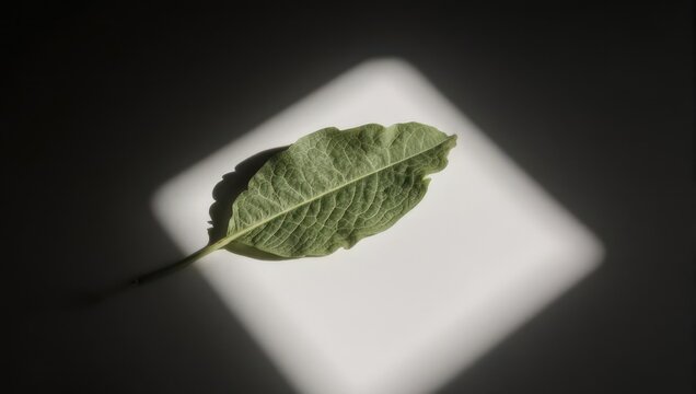 Single leaf on a square of light, minimalist nature photography.