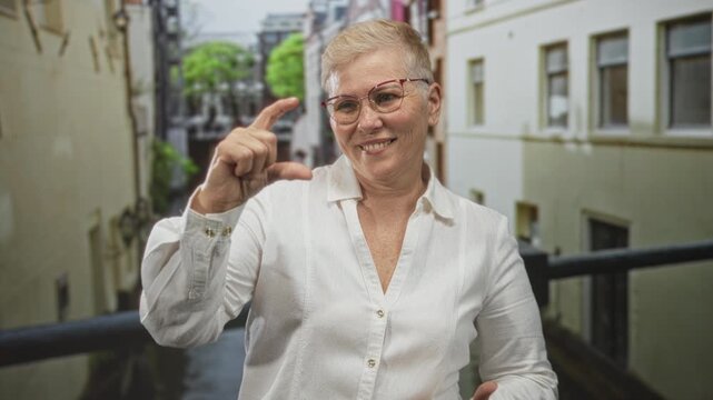 Woman pinching fingers showing small size on a building balcony, smiling and gesturing with visible hands and glasses; playful curiosity.
