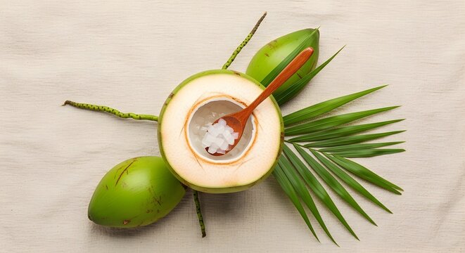 Top view of fresh green coconut with coconut jelly and wooden spoon alongside palm leaves on a linen cloth
