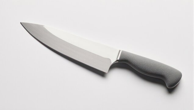 Sharp Kitchen Knife with Gray Handle on White Background.