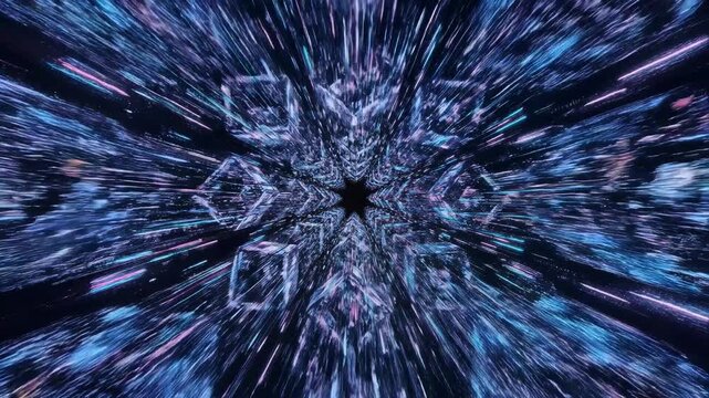 Dynamic radial abstract tunnel motion, glowing geometric pattern with streaks of light, zooming through cosmic nebula, symbolizing progress, exploration