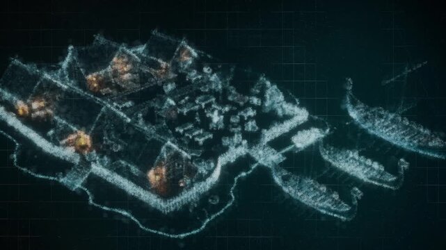 Abstract 3D render of a futuristic city map formed by glowing particles and grid lines. Ideal for technology, data visualization, and smart city concepts.