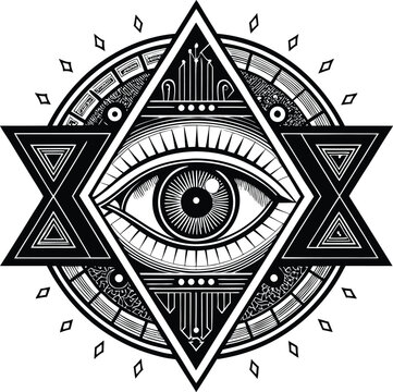 An all-seeing eye within a geometric pattern and star design symbol