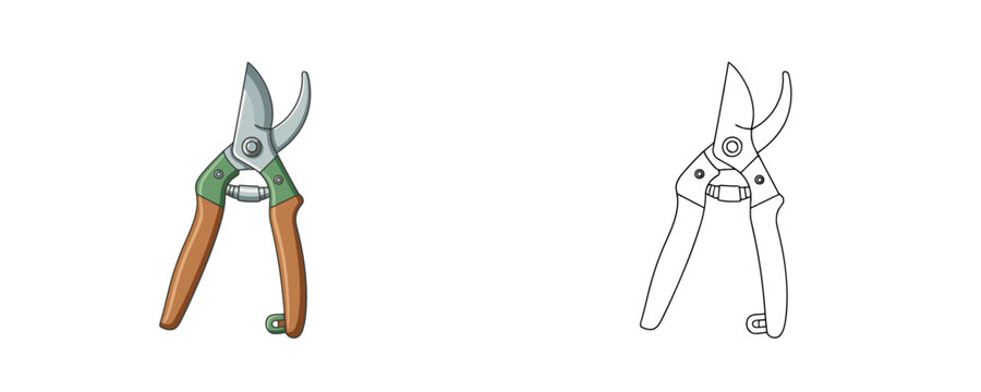 Professional gardening secateurs in cartoon and line art style with green handles and brown grips represents essential equipment for pruning plants on white background