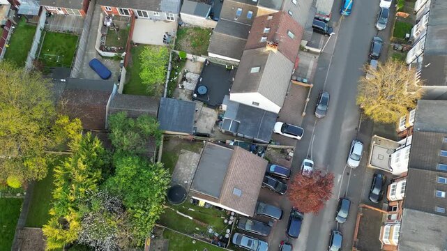 Urban Drone Flight Above Streets of British City and Town of England Great Britain. Drone Mounted Wide Angle Camera Footage Was Captured During Cold Day of 8th April, 2026. 