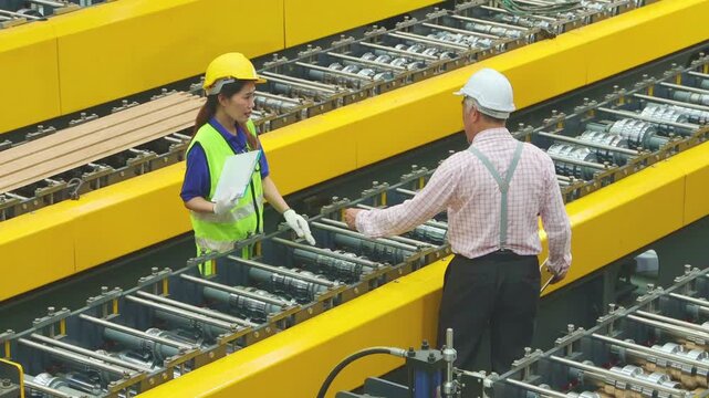 Top view senior male manager inspected the metal sheet rolling machine together with female worker providing them training and recording the information clipboard inside the metal sheet manufacturing.