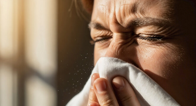 Close-up of a person sneezing into a tissue with visible droplets in the air. Sick woman with cold, flu, or allergy symptoms. Health concept of spreading germs and viruses