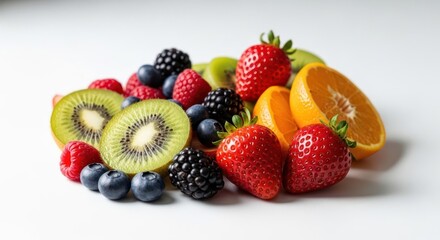 Obraz premium Vibrant Assortment of Fresh Berries and Fruits on a White Background.