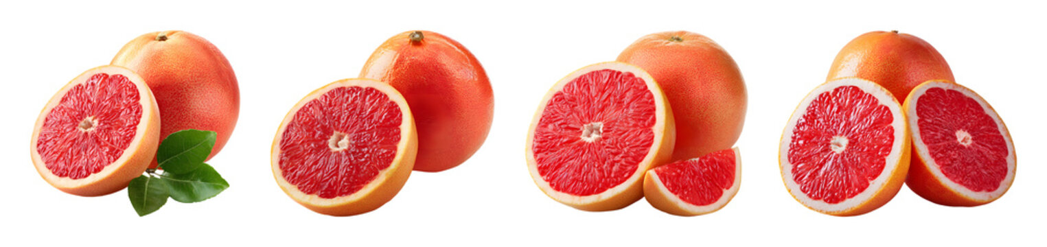 Fresh red grapefruit collection with slices and green leaves PNG set isolated on transparent background