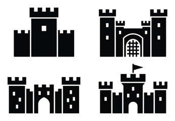 Collection of stylized black castle with crenellated towers and gates © Sultana