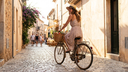 Fototapeta premium Cheerful Woman Riding Vintage Bicycle Through Quiet Mediterranean Village On Warm Summer Afternoon, Market Basket, Sunlit Stone Walls, Vacation Lifestyle Scene