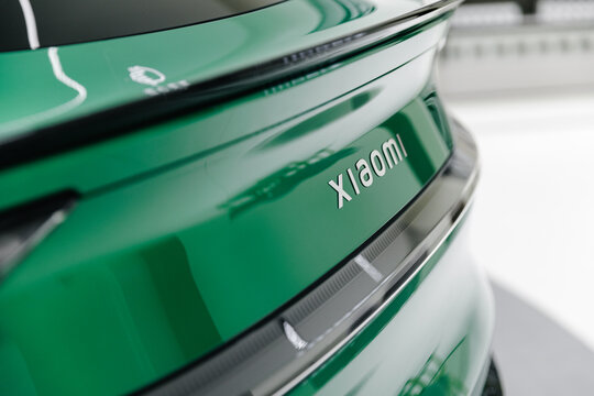 Guangzhou, China - December 22, 2025: green electric crossover xiaomi car YU7 vehicle in showroom