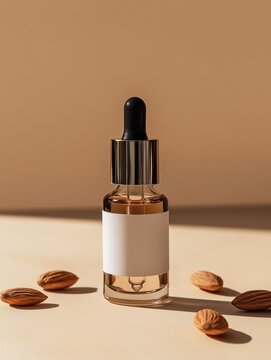Amber Dropper Bottle with Mandelic Acid Serum with Almonds on Beige Background. Mandelic Acid as Skincare Ingredient.