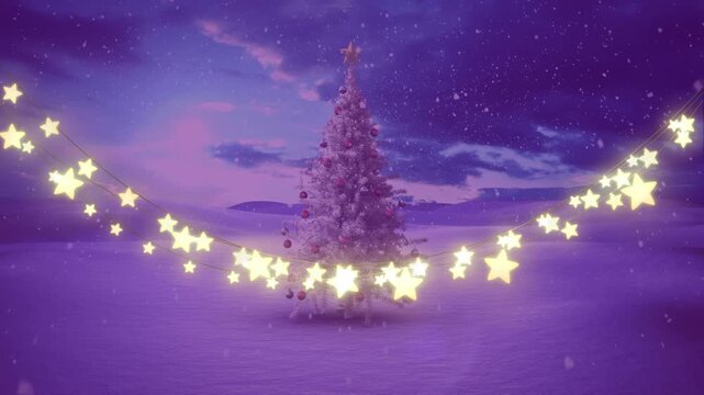 Animation of strings of glowing christmas fairy lights and christmas tree