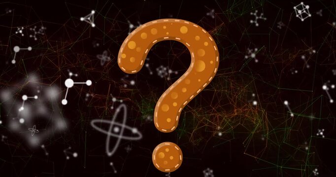 Animation of question mark icon over network of connections and molecules on black background
