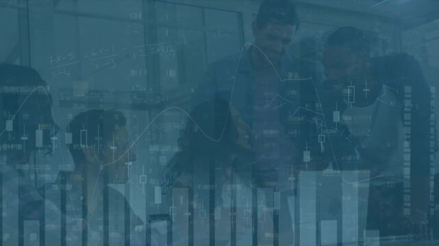 Animation of math formulas and graphs over diverse businesspeople in office