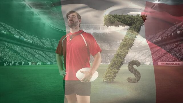 Animation of waving italy flag over rugby players