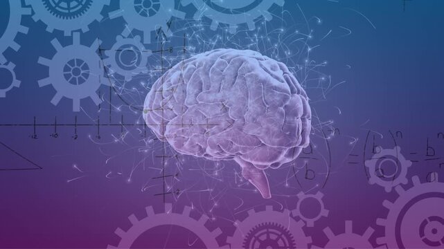 Animation of brain, connections, cogs and math formulas on blue and violet background