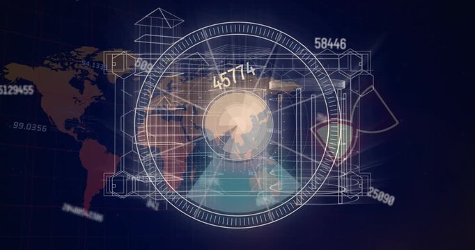 Animation of digital padlock over black background with rotating circles