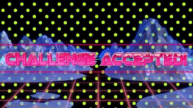 Animation of digital challenge accepted text, yellow dots moving amidst mountains over grid pattern