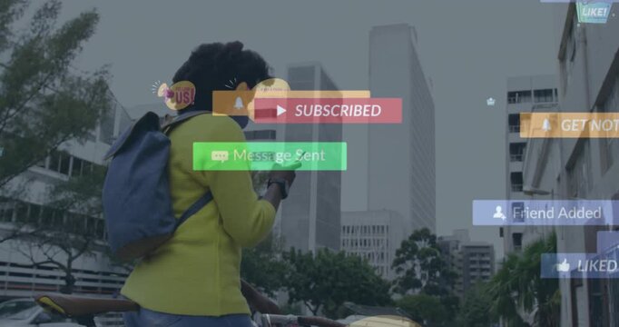 Animation of moving colorful social media notifications over african american woman using smartphone