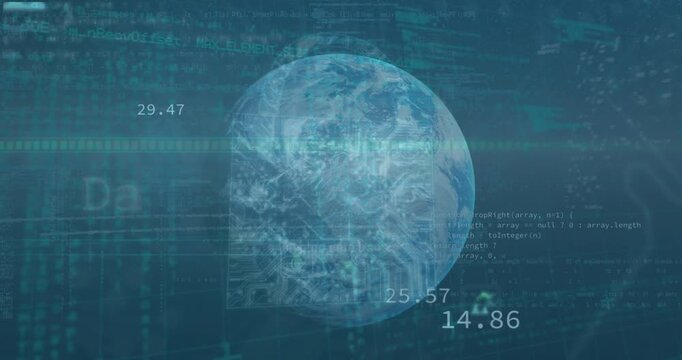 Animation of data processing with globe and icons on digital interface