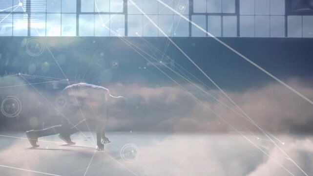 Composite video of global communication and networking with man exercising in background