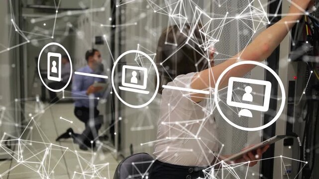 Animation of mediia icons and network of connections over technicians in computer server room