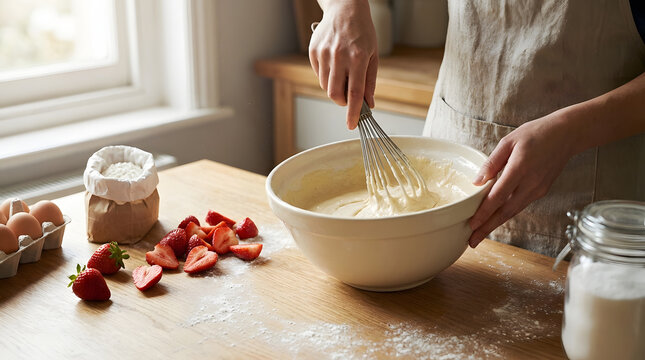 Hands whisking cake batter in a ceramic bowl beside sliced strawberries and baking ingredients during strawberry cake preparation