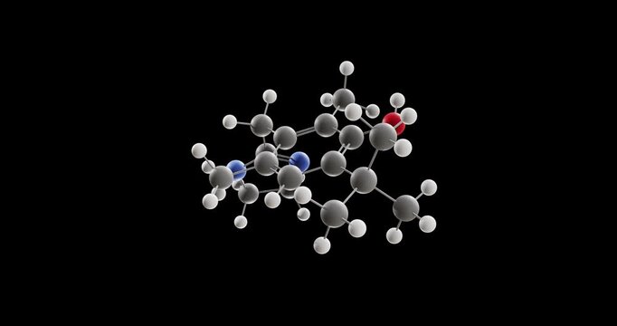 Oxymetazoline molecule, rotating 3D model of vasoconstrictors, looped video on a black background

