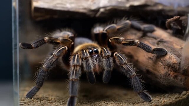 Tarantula In Habitat. Educational Footage Of Tarantula Showing Cautious Movements In Glass Enclosure