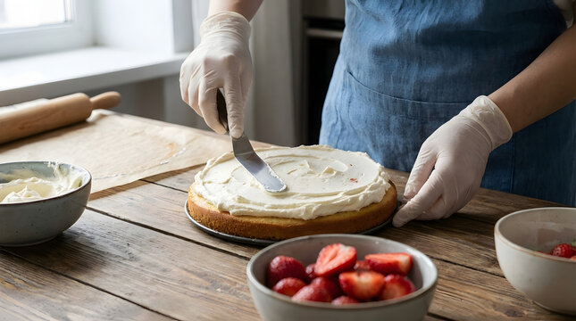 A baker spreads frosting over a sponge cake layer as part of making a homemade strawberry cake in a rustic kitchen setting