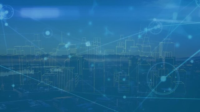 Animation of network of connections over 3d cityscape model spinning against blue background