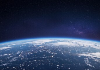 Fototapeta premium Futuristic Planet Earth from Space with Glowing City Lights and Purple Cosmic Galaxy Background for Global Communication and Telecommunications Network Banner