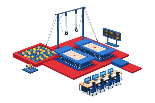 Modern indoor trampoline park with foam pit, scoreboards, and judging stations