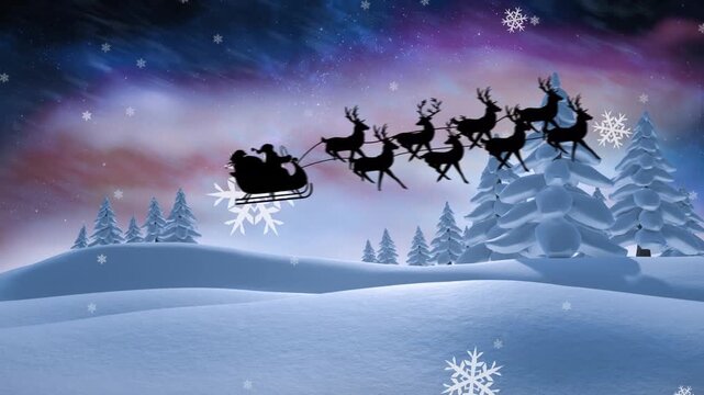 Animation of snow falling over santa claus in sleigh with reindeer in christmas winter scenery