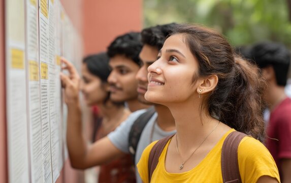 Young Indian students eagerly check a notice board for important university announcements