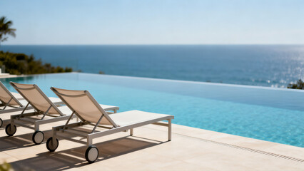 Fototapeta premium Luxury infinity pool with lounge chairs on a sunny day, overlooking the calm ocean horizon, perfect for relaxation and vacation