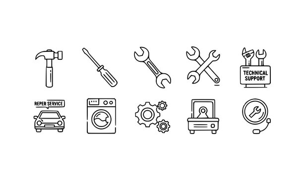 Technical repair icons set with tools spanner washing machine and car service outline vector