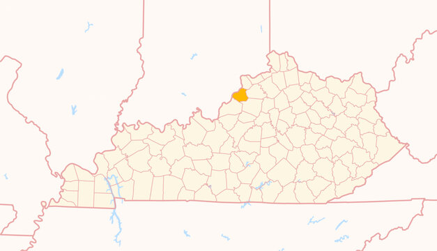 Map of the County Oldham (Kentucky, US) showing the Federal State with the highlighted County