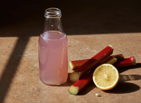 Rhetoric Rhubarb Syrup Bottle standing on a stone surface with fresh lemon and sliced stalks, vertical composition for seasonal beverage recipe and spring kitchen blog